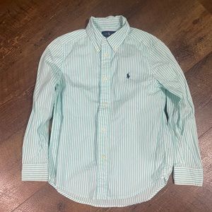Boy’s stripe long sleeve polo. White and turquoise. Size 7.